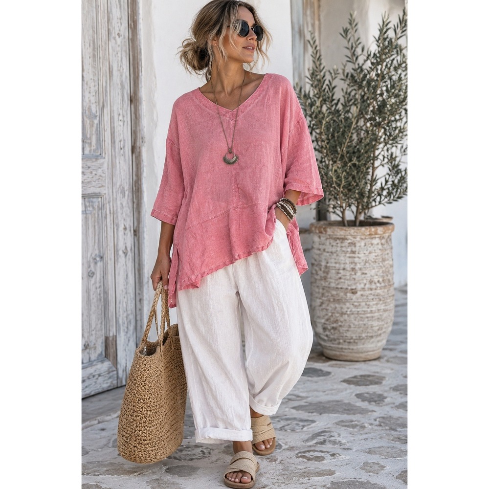 Focus Casual Life Pink 100% Linen Lagenlook Tunic Top M Oversized Coastal Boho